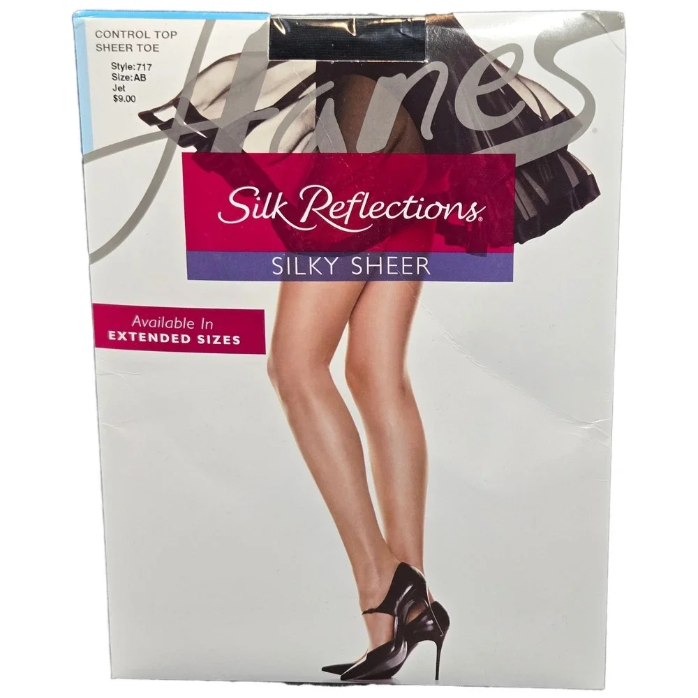 Hanes Silk Reflections Pantyhose Jet Black Silky Sheer Control Top Style 717 AB